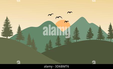 Illustrazione minimalista di paesaggi montani e alberi di pino. Illustrazione vettoriale Illustrazione Vettoriale