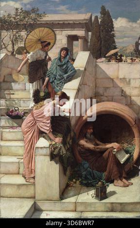 « Diogene (1882). John William Waterhouse (inglese, 1849 - 1917). Diogene il cinico c.413/403 ? circa 324/321 a.C.), noto anche come Diogene di Sinope, fu un antico filosofo greco e uno dei fondatori del cinismo. Rinomato per il suo stile di vita ascetico, il suo spirito morsivo e le critiche radicali alle convenzioni sociali." Foto Stock