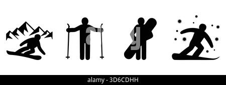 Icone degli sport invernali, sci, snowboard, silhouette per attività in montagna, sport invernali estremi, saltatore da sci, snowboarder, set avventura alpina Illustrazione Vettoriale