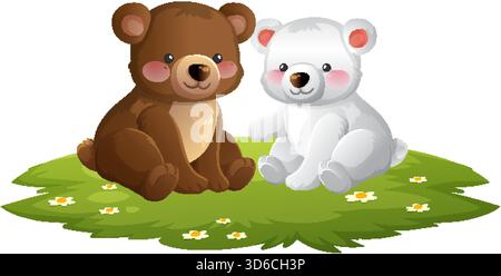 Graziosi cuccioli di orso cartoni animati seduti insieme su un'etichetta erbosa, colori tenui, stile vettoriale piatto Illustrazione Vettoriale