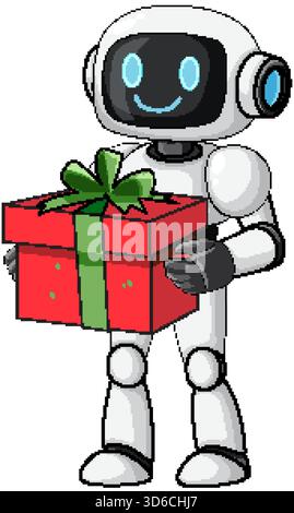 Robot a cartoni animati con placca blu che regge il presente rosso, nastro verde, sfondo bianco, stile vettoriale Illustrazione Vettoriale