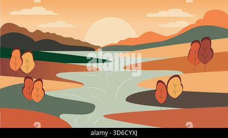 Paesaggio vettoriale autunnale con fiumi e colline Illustrazione Vettoriale