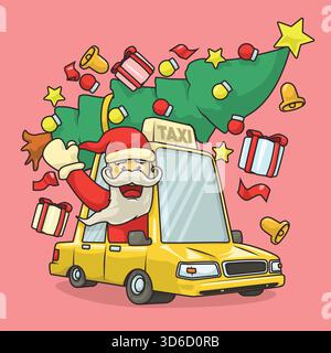 Cartoni animati Babbo Natale che guida un taxi carico di regali di Natale e un albero, perfetto per i tassisti festivi e i temi delle vacanze. Illustrazione Vettoriale