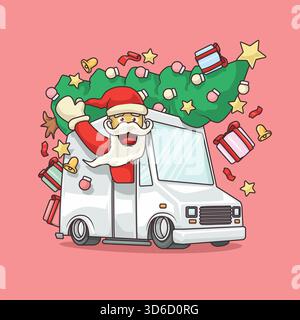 Cartoni animati Babbo Natale alla guida di un furgone che consegna regali di Natale e un albero, perfetto per il corriere delle feste e per i temi di consegna delle festività. Illustrazione Vettoriale