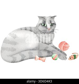 Gatto a righe grigie che gioca con giocattoli illustrazione isolata ad acquerello. Piega inglese o scozzese semplice clip art con giocattolo per topi, minuscola palla in filato e fiocco f Foto Stock