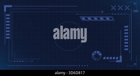 Design tecnologico dell'interfaccia utente del telaio HUD per l'interfaccia di gioco cyberpunk. Schermo futuristico con elementi digitali e bordi olografici. Display con tecnologia moderna per giochi fantascientifici, applicazioni VR e spazio. Illustrazione Vettoriale