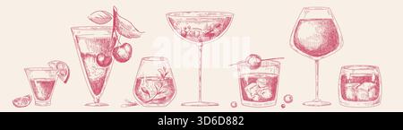 Set di occhiali da cocktail isolati sullo sfondo. Illustrazione vettoriale di bevande alcoliche disegnate a mano, menu da bar retrò, eleganti tazze da festa con tequila, vino, gin, vodka e frutta, disegni di line art Illustrazione Vettoriale
