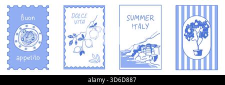 Set di francobolli da cartolina d'epoca amalfitana con motivi estivi della costa italiana - cornici decorative blu con pasta, ramoscello di limone, villaggio mediterraneo sul mare e agrumi in vaso in stile retrò. Illustrazione Vettoriale