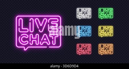 Set di insegne al neon brillanti della Live Chat in più colori su uno sfondo trasparente. Perfetto per negozi pubblicitari, ristoranti e digitale moderno Illustrazione Vettoriale