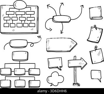 Diagramma di flusso e elementi di diagramma disegnati a mano. Stile doodle illustrazione vettoriale Illustrazione Vettoriale