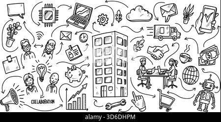 Collaborazione aziendale ed ecosistema moderno per l'ufficio. Stile doodle illustrazione vettoriale Illustrazione Vettoriale
