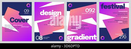 Set di modelli per poster moderni e vivaci con forme geometriche in sfumatura colorata. Layout per banner, poster, opuscolo o design della copertina Illustrazione Vettoriale