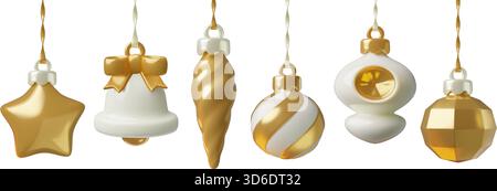 Decorazioni 3d di Natale dorate e decorazioni natalizie sull'albero di Capodanno Illustrazione Vettoriale