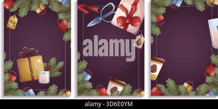 Set di biglietti di Natale con regali Illustrazione Vettoriale