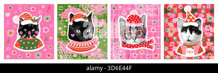 Simpatici poster vettoriali e biglietti d'auguri con simpatici gatti con brutti maglioni natalizi, grafica collage mezzitoni Illustrazione Vettoriale