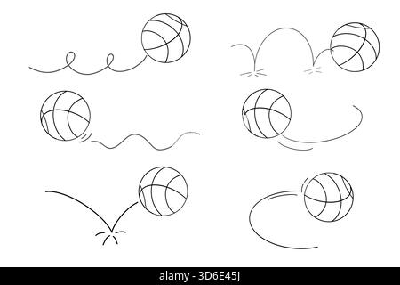 Set di effetti manga fumetti pallacanestro rimbalzato. Movimento dello schizzo.linea di doodle traiettoria del salto della palla disegnata a mano, espressione del movimento della palla. Illustrazione vettoriale Illustrazione Vettoriale