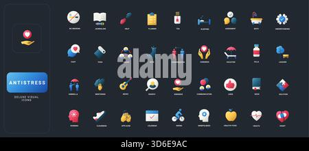 Icone di stile gradiente piatto con antistress, benessere, cura di sé, consapevolezza e attività di stile di vita sano su sfondo scuro dell'interfaccia utente. Illustrazione Vettoriale