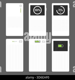 Set di icone del power Bank. Illustrazione vettoriale per esercitazioni tecniche, manuali dei prodotti, concetti sui dispositivi portatili, contenuti relativi all'energia e infografiche Illustrazione Vettoriale