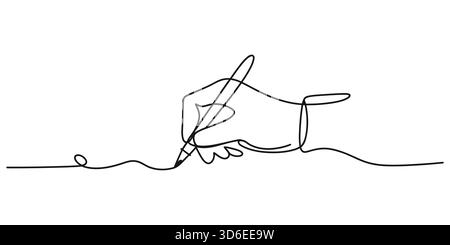Disegno a linea continua di una mano che tiene una matita e scrittura di disegni a linee ondulate Illustrazione Vettoriale