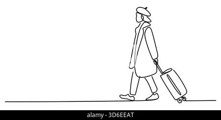Disegno continuo di una persona che cammina con bagagli da viaggio e berretto Illustrazione Vettoriale