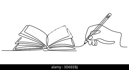 Disegno continuo della scrittura a mano in un libro aperto, concetto educativo. Illustrazione Vettoriale