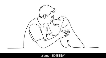 Arte minimalista in linea continua di un uomo che mostra affetto al suo cane Illustrazione Vettoriale