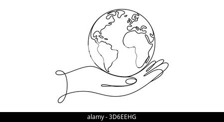 Disegno continuo che tiene la mano il globo terrestre, simboleggiando il concetto di protezione globale. Illustrazione Vettoriale