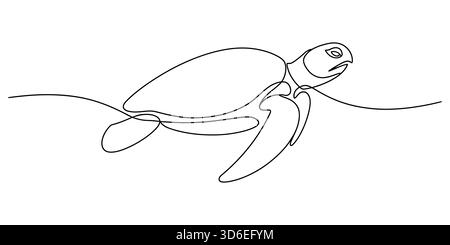 Disegno a linea singola continua di una tartaruga marina che nuota nella fauna sottomarina Illustrazione Vettoriale