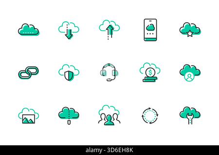 Cloud computing - insieme di icone di stile di progettazione di linee Illustrazione Vettoriale