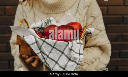 Persona irriconoscibile corta in maglia di panna con un cesto di vimini pieno di mele rosse lucide, parzialmente ricoperto da un panno a scacchi. Foto Stock