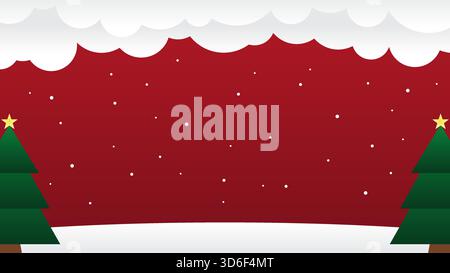 Buon Natale sullo sfondo rosso con pini, nuvole e fiocchi di neve che cadono in inverno. Illustrazione vettoriale Illustrazione Vettoriale
