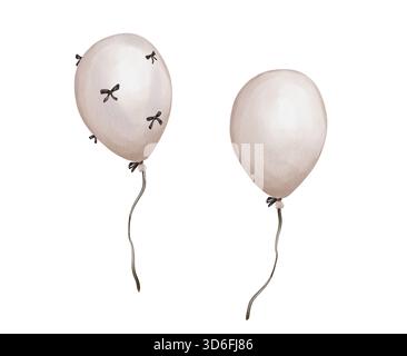 Grazioso set acquerello di palloni beige ad aria calda grigio chiaro. Illustrazione disegnata a mano in stile retrò su sfondo isolato per biglietti d'auguri di design Foto Stock