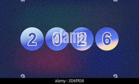 Quattro cerchi blu con numeri bianchi 2026 sono disposti orizzontalmente su uno sfondo scuro e granuloso con una sottile sfumatura di viola e blu. Foto Stock
