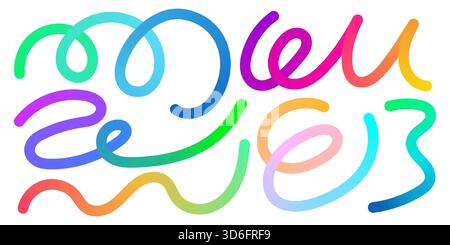 Le linee di gradiente curvate si trasformano in forme arcobaleno dinamiche. Le ondulazioni e i percorsi fluenti formano un brillante motivo astratto, ideale per la grafica tecnologica, moderno Illustrazione Vettoriale