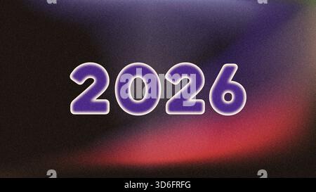 I numeri in grassetto viola che scrivono 2026 sono centrati su uno sfondo scuro con una sfumatura di viola e rosso e una texture granulosa visibile. Foto Stock