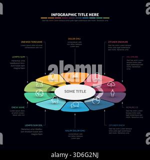 Moderno elemento infografico scuro con un titolo centrale e diverse opzioni a forma di esagono, ciascuna con un'icona e un'area di testo. Questa infografica è perfetta Illustrazione Vettoriale
