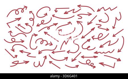 Serie di frecce rosse disegnate a mano. Frecce minimaliste disegnate a mano. Varie linee sottili frecce organiche. Semplici frecce di schizzo per i piani aziendali e l'istruzione Illustrazione Vettoriale