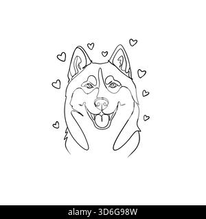 Ritratto minimalista a una linea di un husky felice con cuori, perfetto per gli amanti dei cani e un'estetica moderna e pulita. Foto Stock