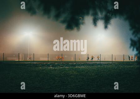 Scena notturna di campi da calcio con giocatori in autunno, atmosfera nebbiosa. Foto Stock