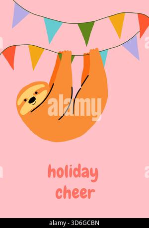 Rilassato e sorridente simpatico bradipo appeso al colorato pennant natalizio garland. Illustrazione vettoriale per biglietti di auguri natalizi, inviti o festività Illustrazione Vettoriale