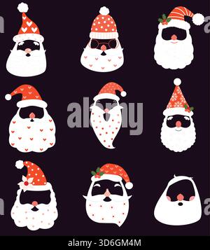 Divertente set vettoriale natalizio con cappelli di Babbo Natale, barba, baffi e nasi per oggetti di scena per lo stand fotografico e decorazioni natalizie Illustrazione Vettoriale