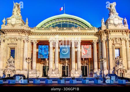 Facciata del Grand Palais con colonne classiche e sculture ornate sotto il cielo azzurro a Parigi, Francia. Foto Stock