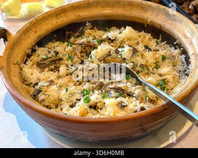 Piatto di riso al forno con anguilla gialla, caldo al vapore e guarnito con cipolle verdi, servito in una tradizionale pentola di argilla. Una specialità popolare di Kaiping, Cina. Foto Stock