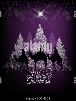 Buon Natale. I Magi viaggiano a dorso di cammelli fino alla star del Natale. Non ai, illustrazione vettoriale. Illustrazione Vettoriale