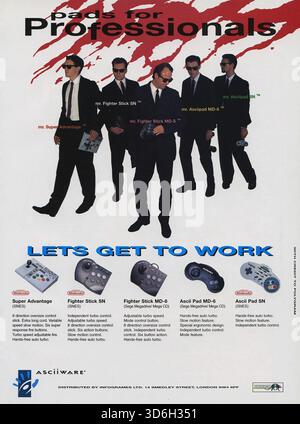 1994 Asciiware Control Pads annuncio con un gruppo di uomini vestiti e intitolati nello stile del film "Reservoir Dogs" Foto Stock