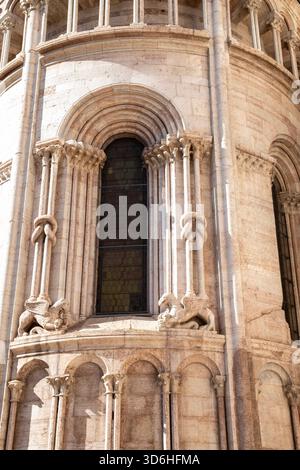 Particolare della finestra con colonne oculistiche sulla facciata del Duomo di Trento, in Trentino, nel Nord Italia Foto Stock