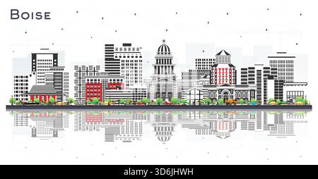 Lo skyline della città di Boise, Idaho, con edifici colorati e riflessi isolati sul bianco. Illustrazione vettoriale. Paesaggio urbano di Boise USA con monumenti storici. Illustrazione Vettoriale