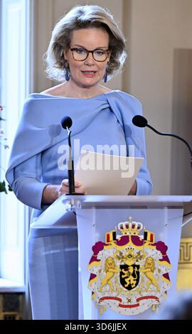 Bruxelles, Belgio. 20 novembre 2025. Regina Matilde del Belgio, nella foto durante la celebrazione ufficiale del 25° anniversario del Fondo Regina Matilde (FRM - KMF), per onorare le persone che l'hanno portata in vita, e guardare al futuro, giovedì 20 novembre 2025, al Palazzo reale di Bruxelles. BELGA PHOTO ERIC LALMAND credito: Belga News Agency/Alamy Live News Foto Stock