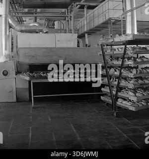 Slavyansk, Ucraina, URSS - novembre 1978: Fotografia d'archivio dell'interno della fabbrica di pane di recente apertura nel microdistretto di Artem. Pani di pane bianco appena sfornati escono da un enorme forno a tunnel industriale su un trasportatore. Sul pavimento piastrellato è presente un rack mobile riempito di prodotti a base di frumento finiti pronto per il trasporto. L'immagine in bianco e nero cattura la tecnologia moderna, la scala della produzione alimentare e l'abbondanza nella regione di Donec'k durante la pacifica era sovietica. Foto Stock