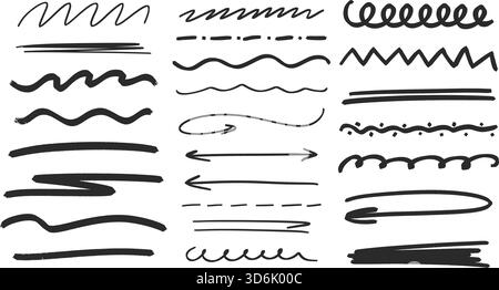 Set di linee di demarcazione, forme d'onda, sottolineature e frecce. Elementi di inchiostro disegnati a mano per il journaling e l'annotazione. Grunge segni di evidenziatore dello stile di schizzo del doodle Illustrazione Vettoriale